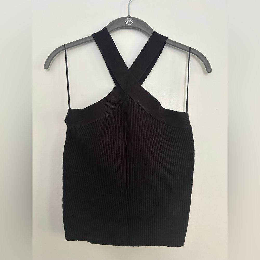 House of Harlow 1960 Sculpt Knit Black Ribbed Criss Cross Crop Top, size M